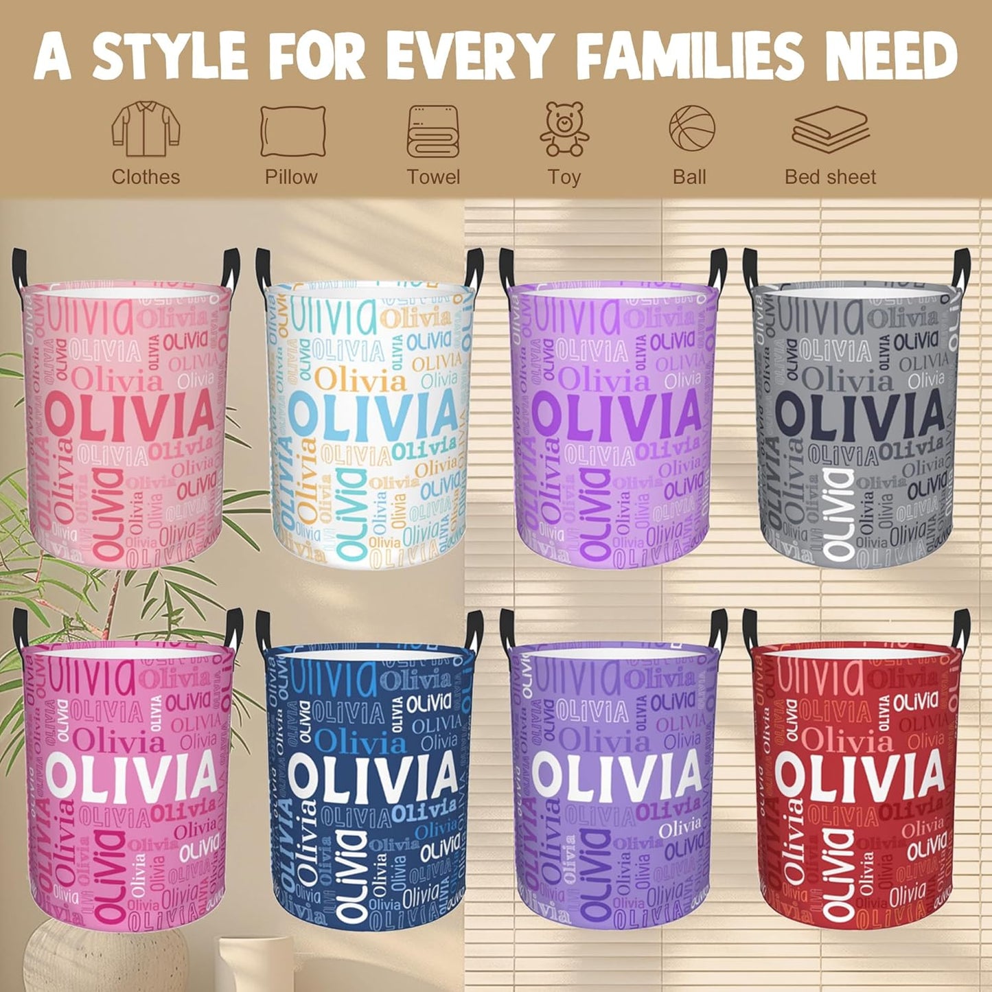 Custom Name Laundry Hamper, Personalized Laundry Basket with Name for Boys Girls Kids Men Women, Customized Name Dirty Clothes Basket Gifts for Clothes Toy Bathroom Bedroom Laundry Room Dorm
