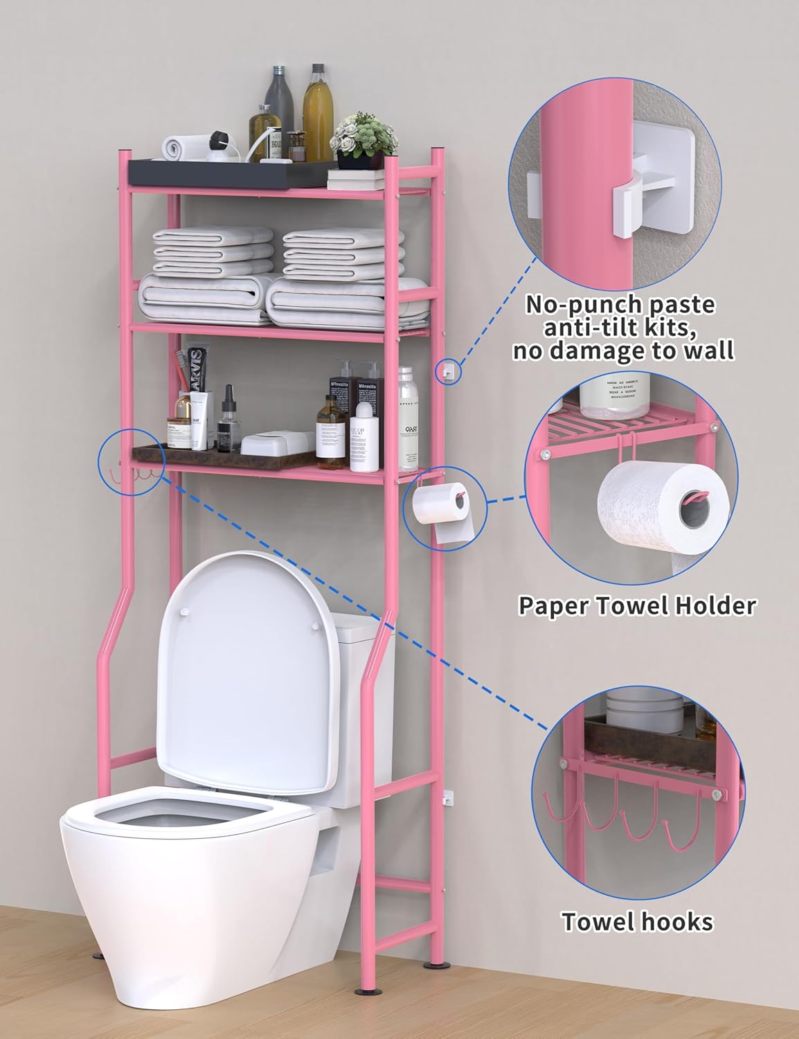 3-Tier Over The Toilet Storage, Freestanding Metal Bathroom Shelves with 4 Hooks, Over Toilet Storage Shelf with Paper Holder, Above The Toilet Shelf for Bathroom Storage, Pink