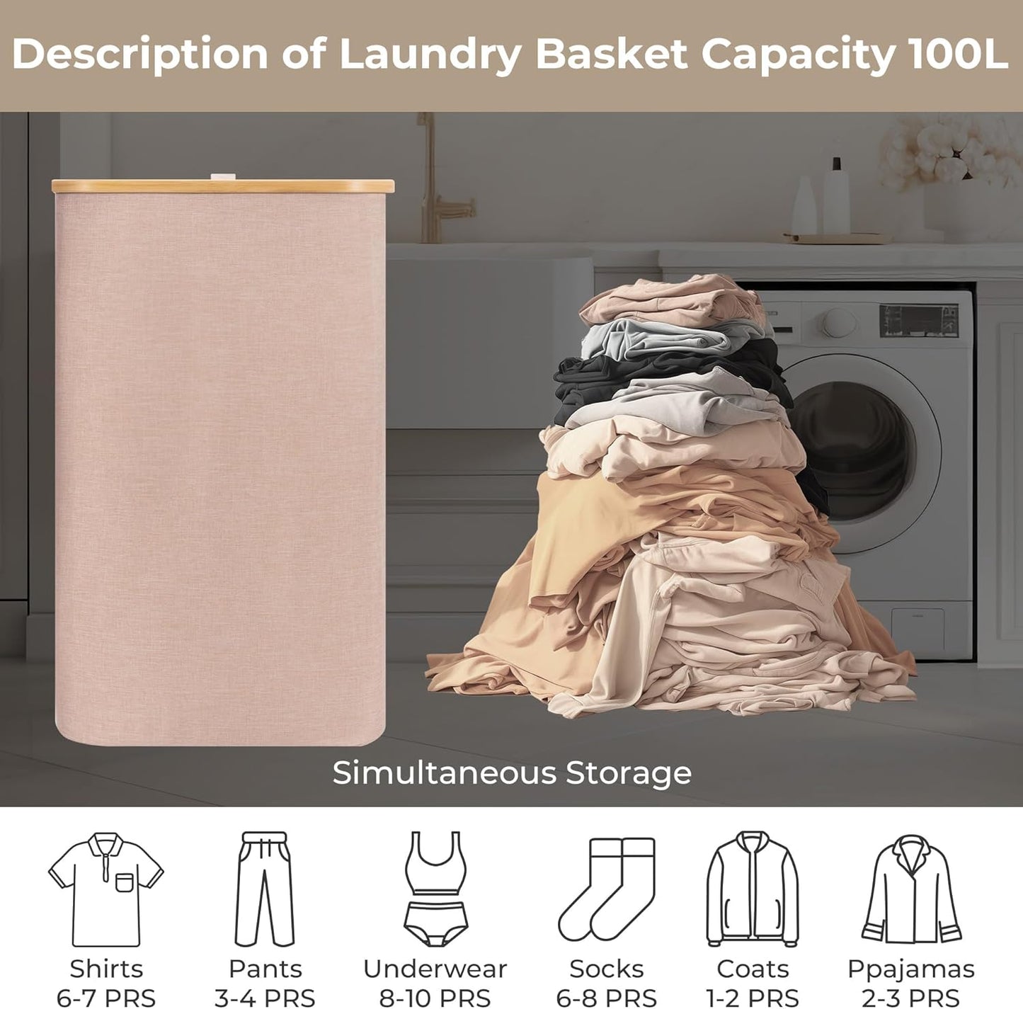 StorageWorks 100L Large Laundry Hamper with Lid, Tall Laundry Basket with Bamboo Handles and Removable Inner Bag, Collapsible Laundry Hamper for Clothing, Towels, Reddish Brown, 1-Pack