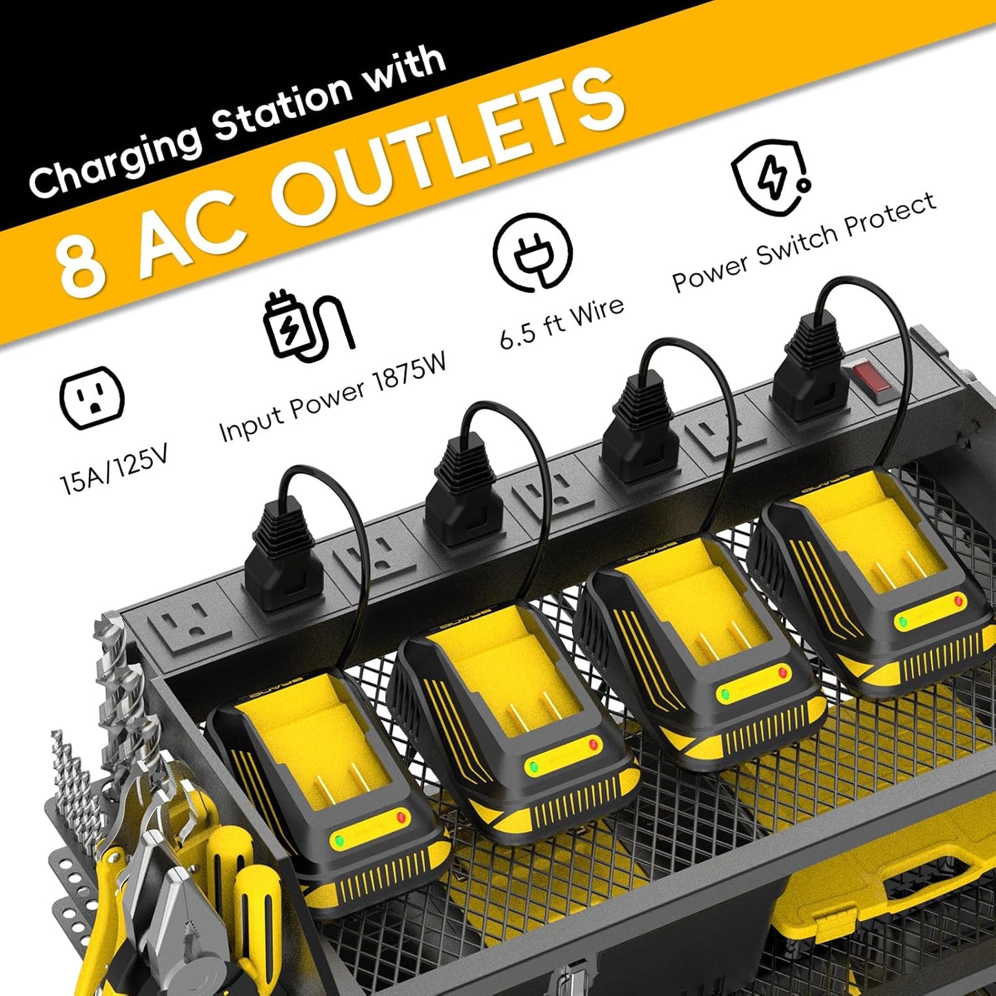 Power Tool Organizer Wall Mount with Charging Station, Drill Holder, Adjustable Layers, Heavy Duty Garage Tool Organizer Storage with 8 Outlet Power Strip, Christmas Gifts for Men, Dad, Husband