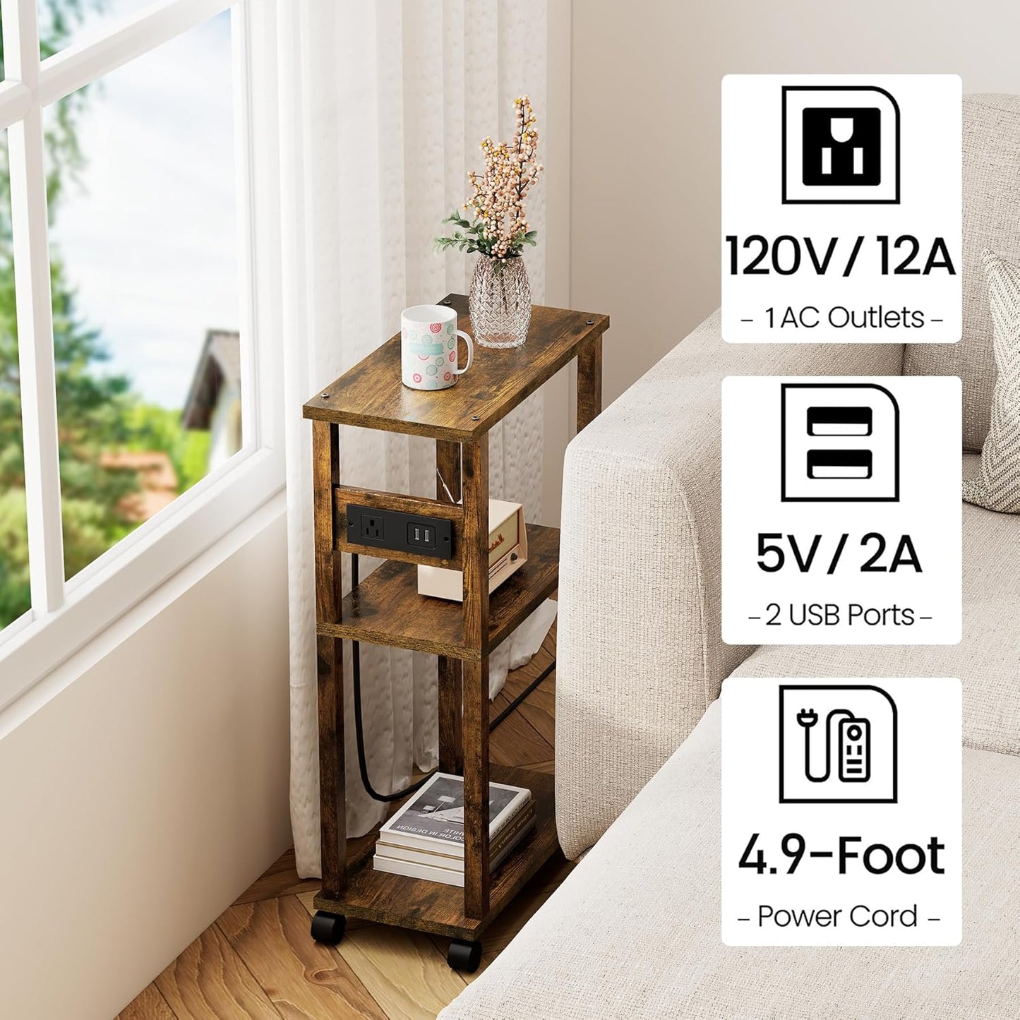 TUTOTAK Small Narrow Side Table with Charging Station, Skinny End Table for Small Spaces, Slim Nightstand with USB Ports and Outlet, Sofa Beside Table with Wheels, Rustic Brown TB01BB047C
