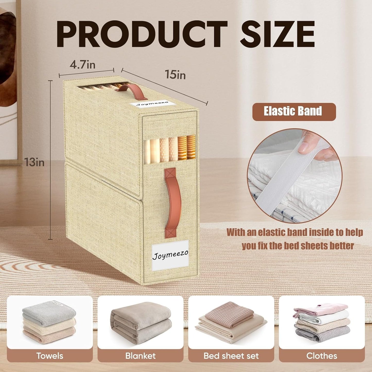 6 Pack Bed Sheet Organizers and Storage(King &Queen Size) with an Elastic Strap, Foldable Closet Linen Sheet Storage Container, Sheet Set Box for Blanket, Duvet Cover and Pillowcase, Beige
