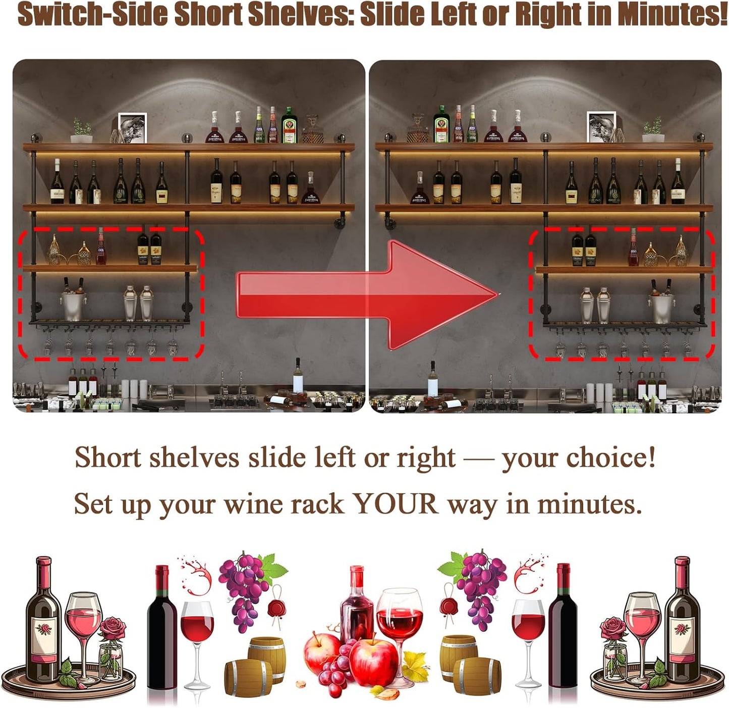 Solid Wood Wall Mounted Wine Rack, Large Wine Rack with LED Light, 4 Tiers Liquor Bottles Floating Shelves with Glass Holder, Industrial Bar Shelves for Home Bar Dining Room (51.2 IN/ 130CM)