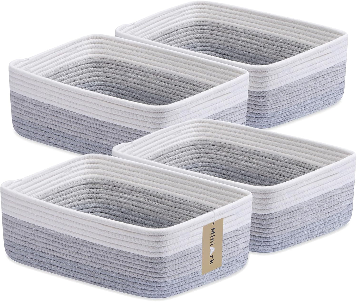 Large Shallow Organizing Baskets 15x11x5.1 Inches - Rope Woven Storage Bins for Bathroom, Shelves, Cube Closet, Gradient Grey 4 Packs