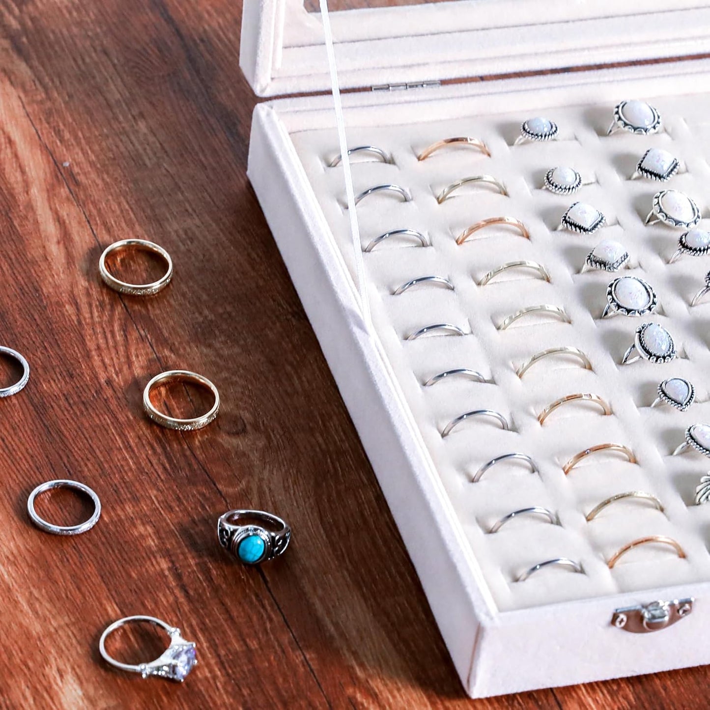Frebeauty Ring Organizer Tray 100 Slots Ring Holder with Clear Lid Velvet Storage Box Jewelry Tray for Jewelry Store Earring Display Case for Jewelry Show Studs Box for Women(White)