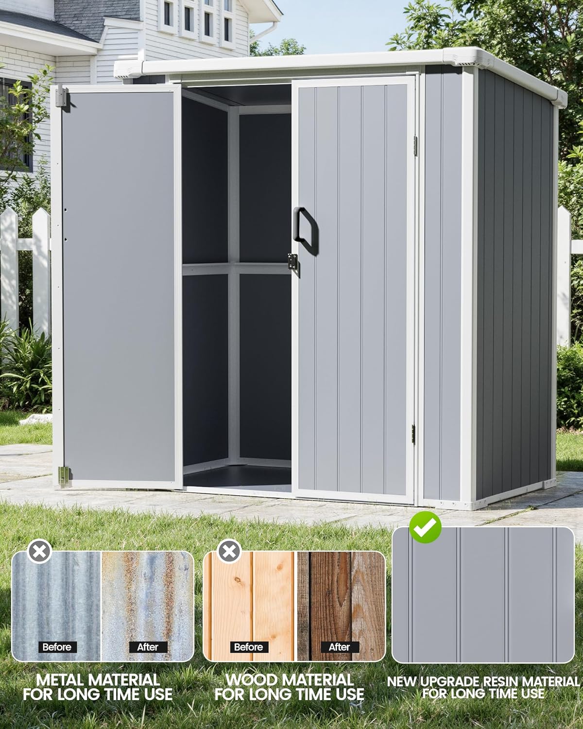 5x3 Resin Garden Sheds & Outdoor Storage on Clearance, Weather-Resistant Plastic Shed with Floor and Lockable Door for Garden Tools, Lawn Mower, Bike, Backyard Organization, Aritic Light Grey