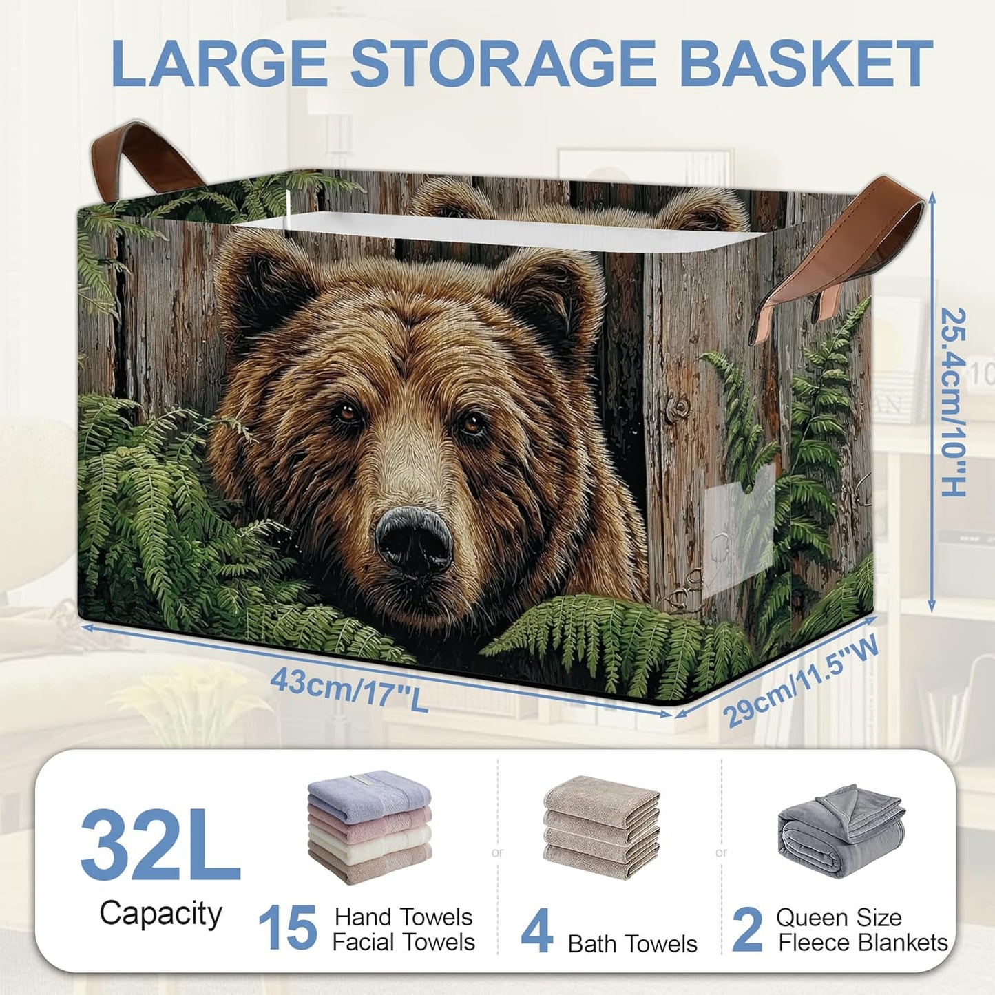 Vintage Bear Wooden Storage Baskets,Ferns Plants Foldable Large Capacity Organizer Bins with Waterproof Lining and Leather Handles for Closet, Shelf, Bedroom 17x11.5x10Inch
