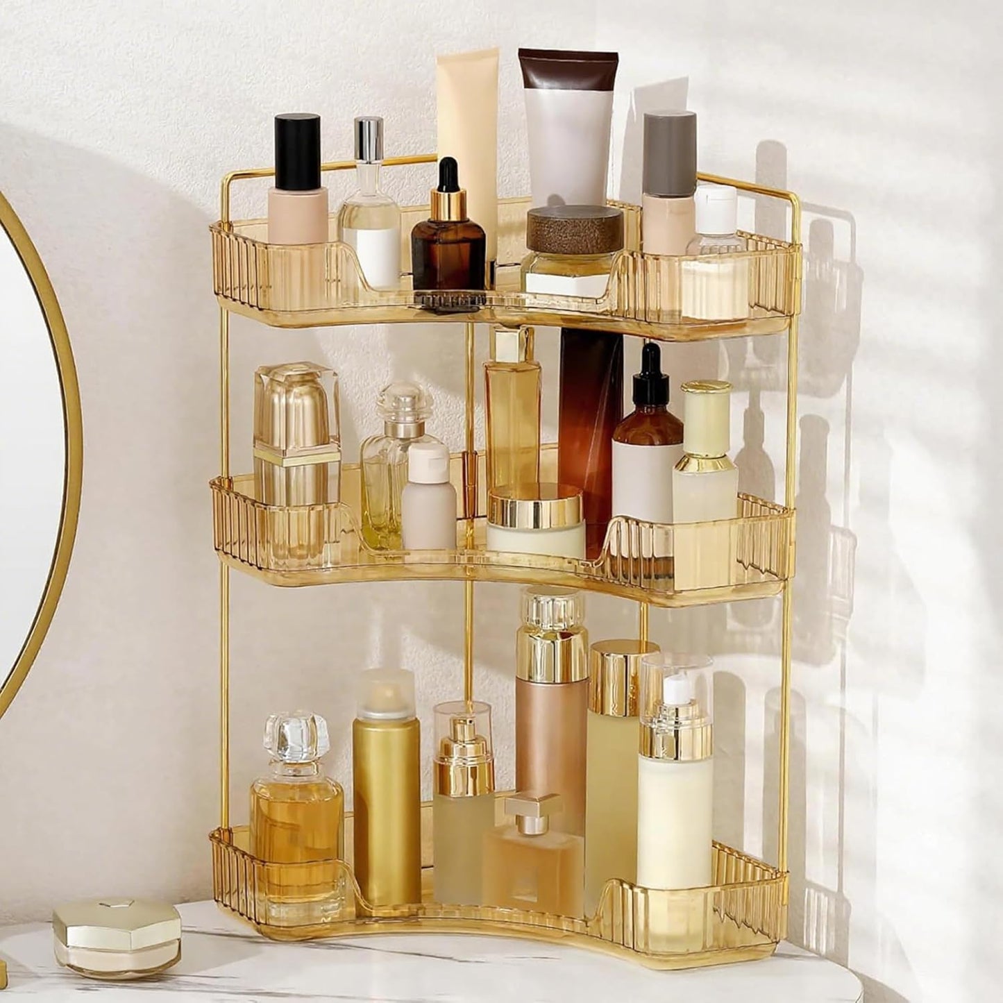 Corner Bathroom Countertop Organizer, Vanity Organizer Trays for Counter, Makeup Organizers, Perfume Tray, Skincare Shelf Storage Gifts for Women Girl Student (Yellow, 3 Tiers)