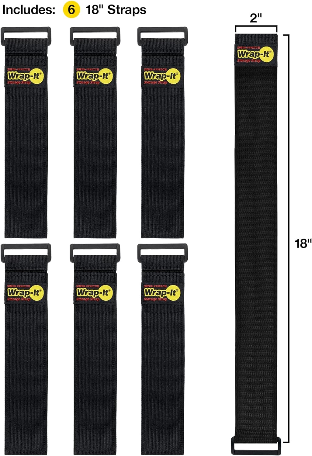 Wrap-It Storage - Super-Stretch, 18" (6 Pack) - Elastic Hook and Loop Cinch Straps - Extension Cord Organizer, Hose and Cables Straps, Cord Wrap