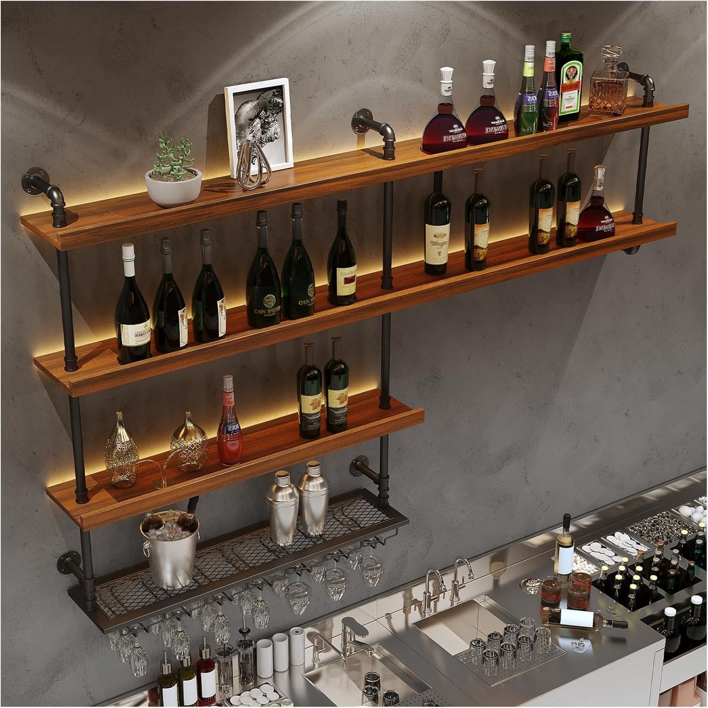 Solid Wood Wall Mounted Wine Rack, Large Wine Rack with LED Light, 4 Tiers Liquor Bottles Floating Shelves with Glass Holder, Industrial Bar Shelves for Home Bar Dining Room (141.8 IN/ 360CM)
