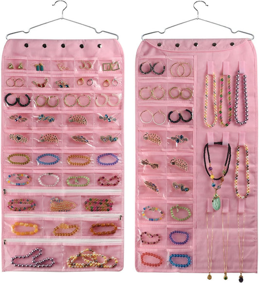 BB Brotrade Hanging Jewelry Organizer,Accessories Organizer,56 Pocket Organizer for Holding Jewelries (Pink-56 Pockets)