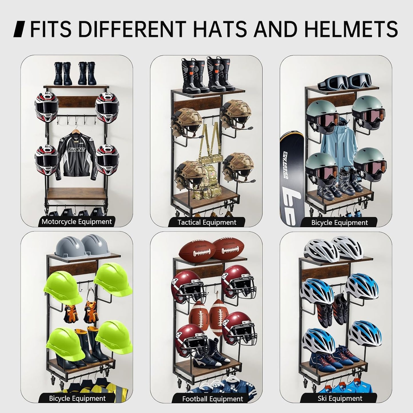 Motorcycle Helmet Rack, Wall Mount with 4 Glove Chips, 10 Hooks and Rustic Finish for Multiple Helmets and Clothes