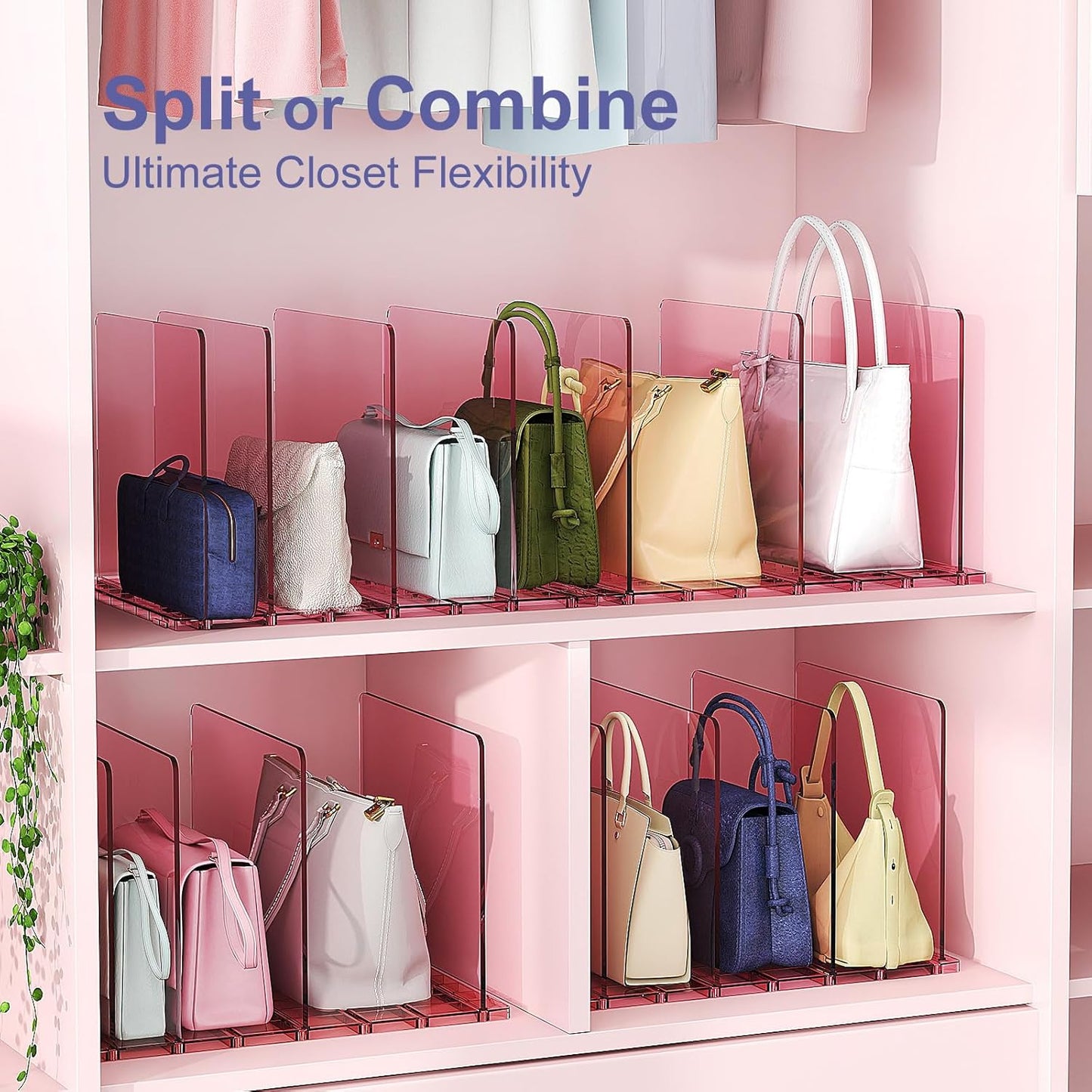 Purse Organizer for Closet: Shelf Dividers Adjustable Acrylic Bag Closet Organizers and Storage Pink 4 Bases 14 Shelves