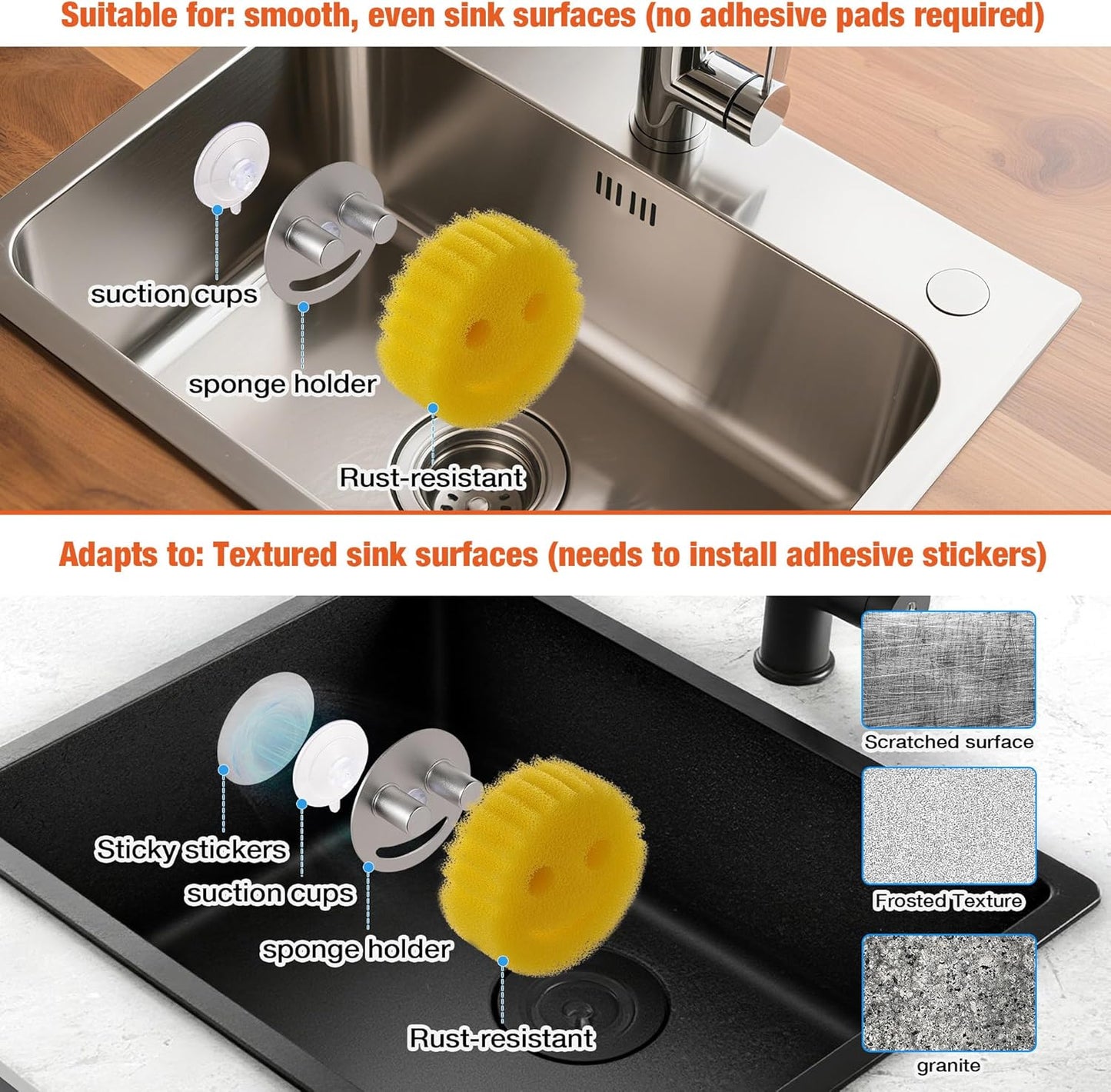 Smiley face sponge holder, kitchen Sink Caddy Organizer with Suction cup,Made of rust-proof aluminum that never rusts for Mommy & Daddy Sponges silvery (2-Pack）