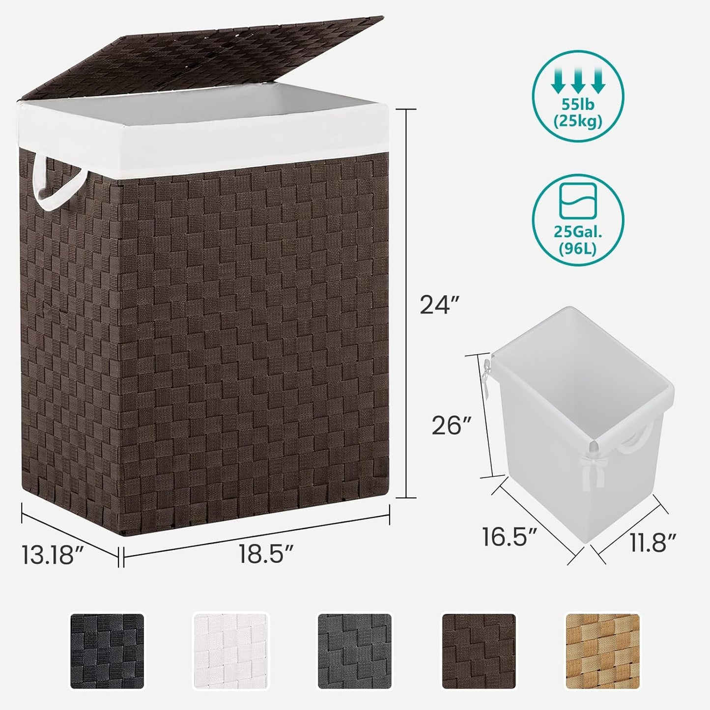 Foldable Laundry Hamper Basket with Lid by Fiona's magic, Handwoven 96L Large Clothes Hamper with Removable Liner Bags, Collapsible Tall Hamper for Bedroom, Bathroom and Dorm Organizer, 2Pack, Brown