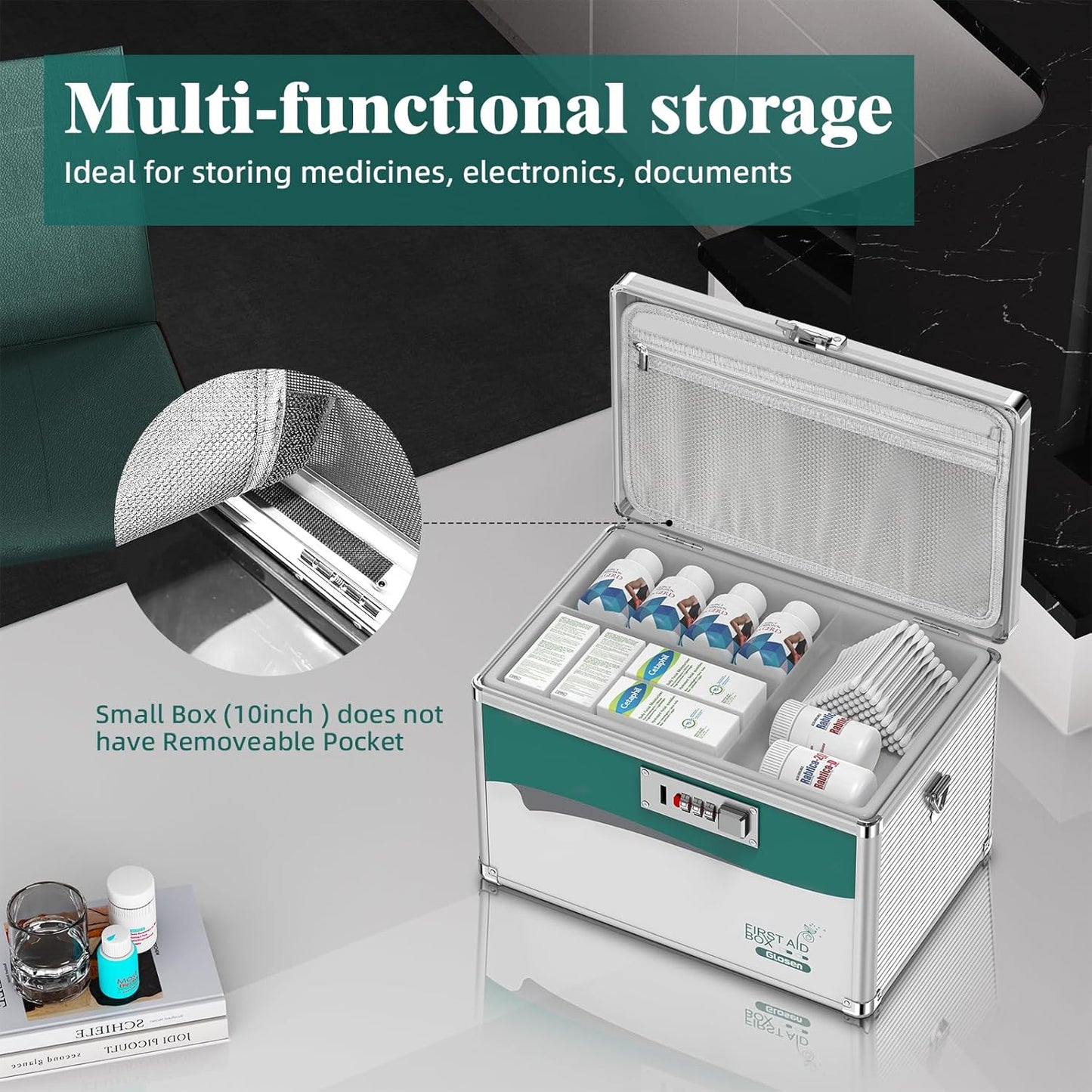 Glosen Medicine Lock Box with Combination Lock,Medication Lock box 【Medium 12 x 7.68 x 7.87 Inch】 Safe Lock Box,Medical Box Organizer
