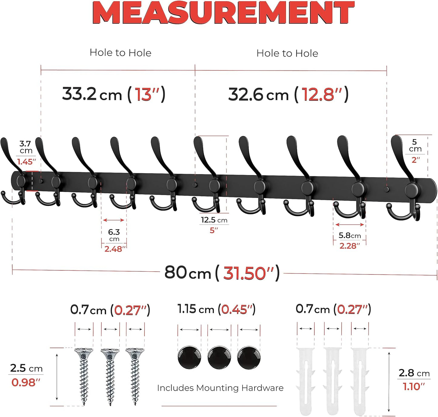 Coat Rack Wall Mount with 10 Tri Hooks, Stainless Steel 32 Inch – Black Matte Finish, Heavy Duty Wall Mounted Hook Rack for Coats, Hats, Towels, Scarfs, Robes, Bags, Entryway & Bathroom - 2 Pack