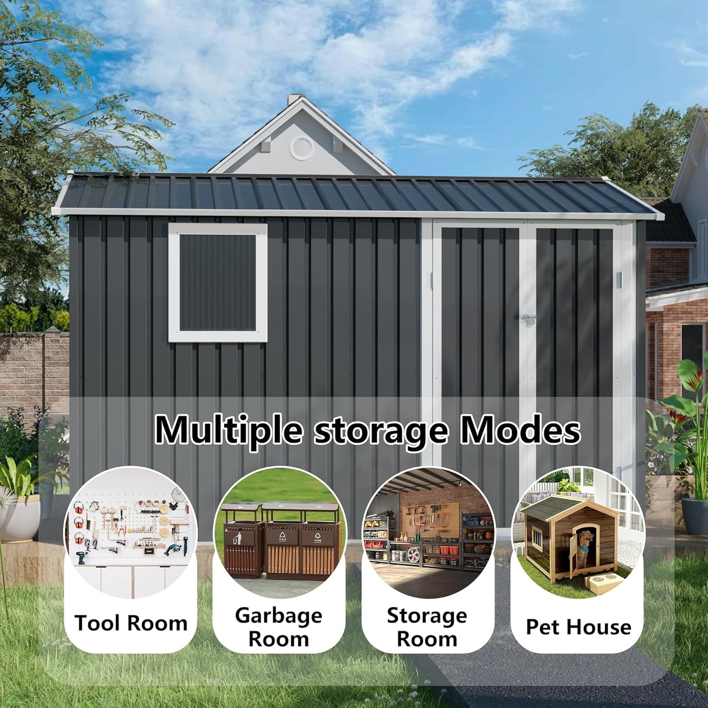 KEIKI 9x6 FT Metal Storage Shed with Window, Large Outdoor Backyard Shed for Tools & Equipment, Durable Galvanized Steel Garden Shed for Patio or Tiny House Use, Gray