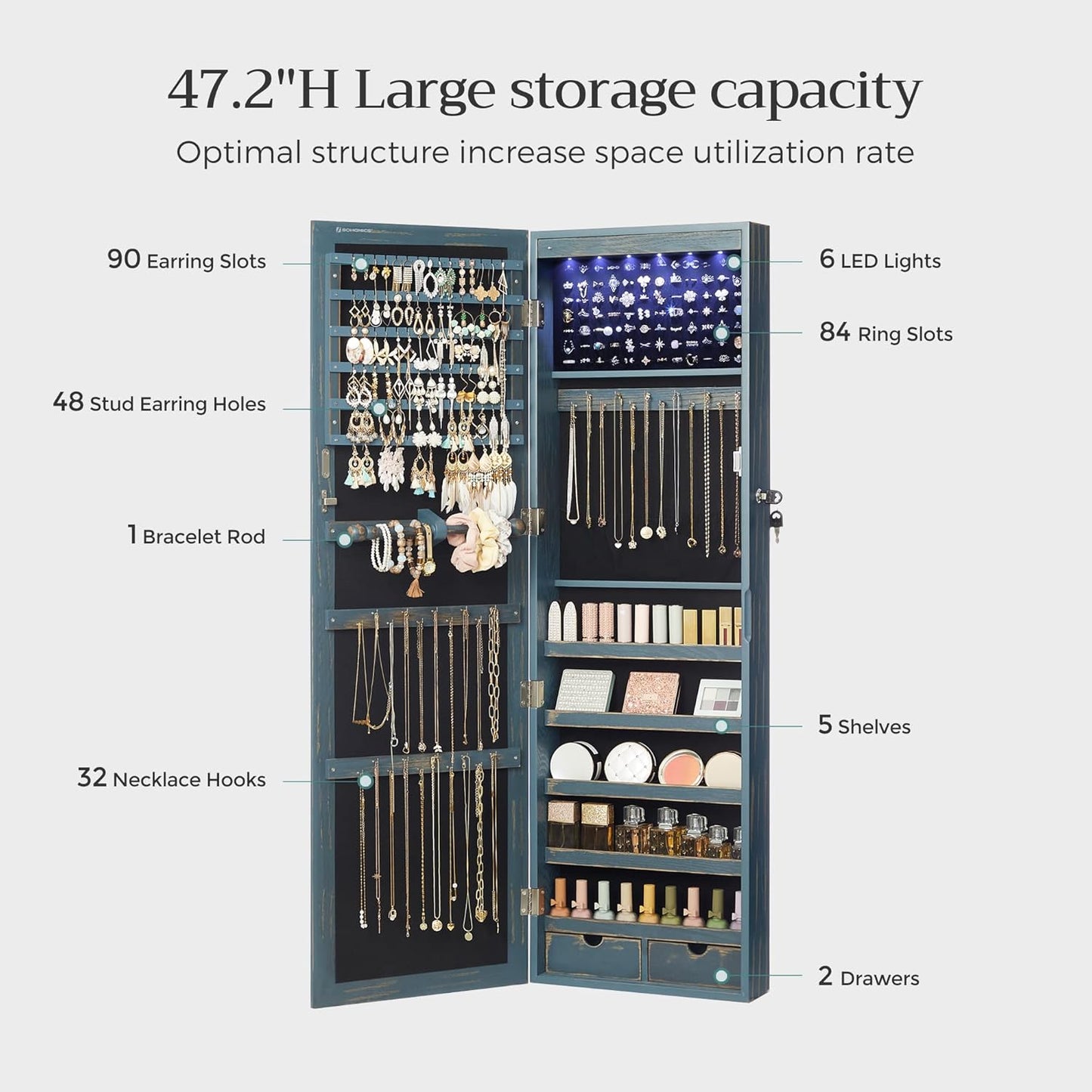 SONGMICS 6 LEDs Mirror Jewelry Cabinet, 47.2-Inch Tall Lockable Wall or Door Mounted Jewelry Armoire Organizer with Mirror, 2 Drawers, Christmas Gift, 3.9 x 14.6 x 47.2 Inches, Rustic Blue