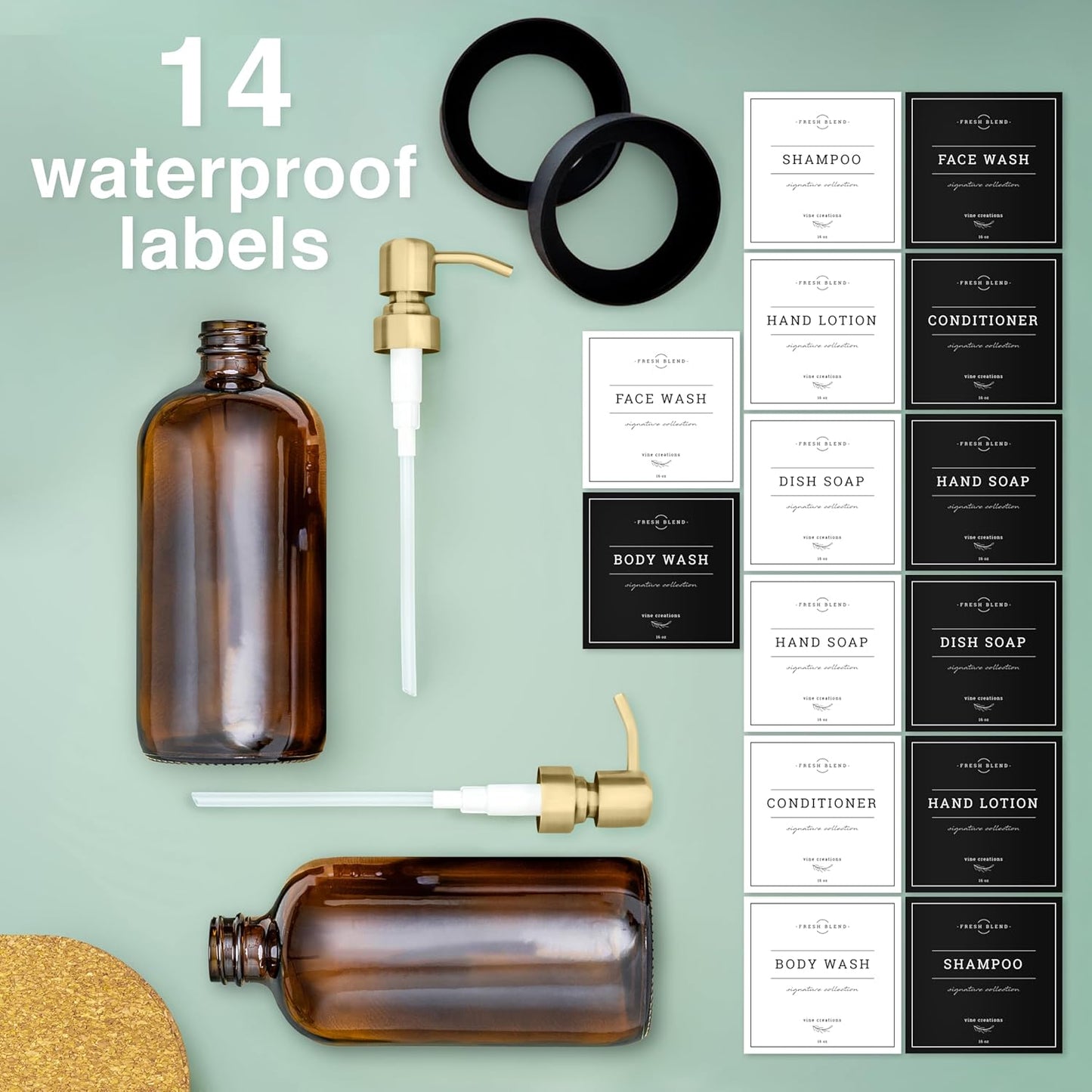 Vine Creations Amber Glass Soap Dispenser, 2 Pack Kitchen Soap Dispenser Set with Stainless Steel Pump, 16 oz Hand Soap and Dish Soap Dispensers for Kitchen or Bathroom with Waterproof Labels