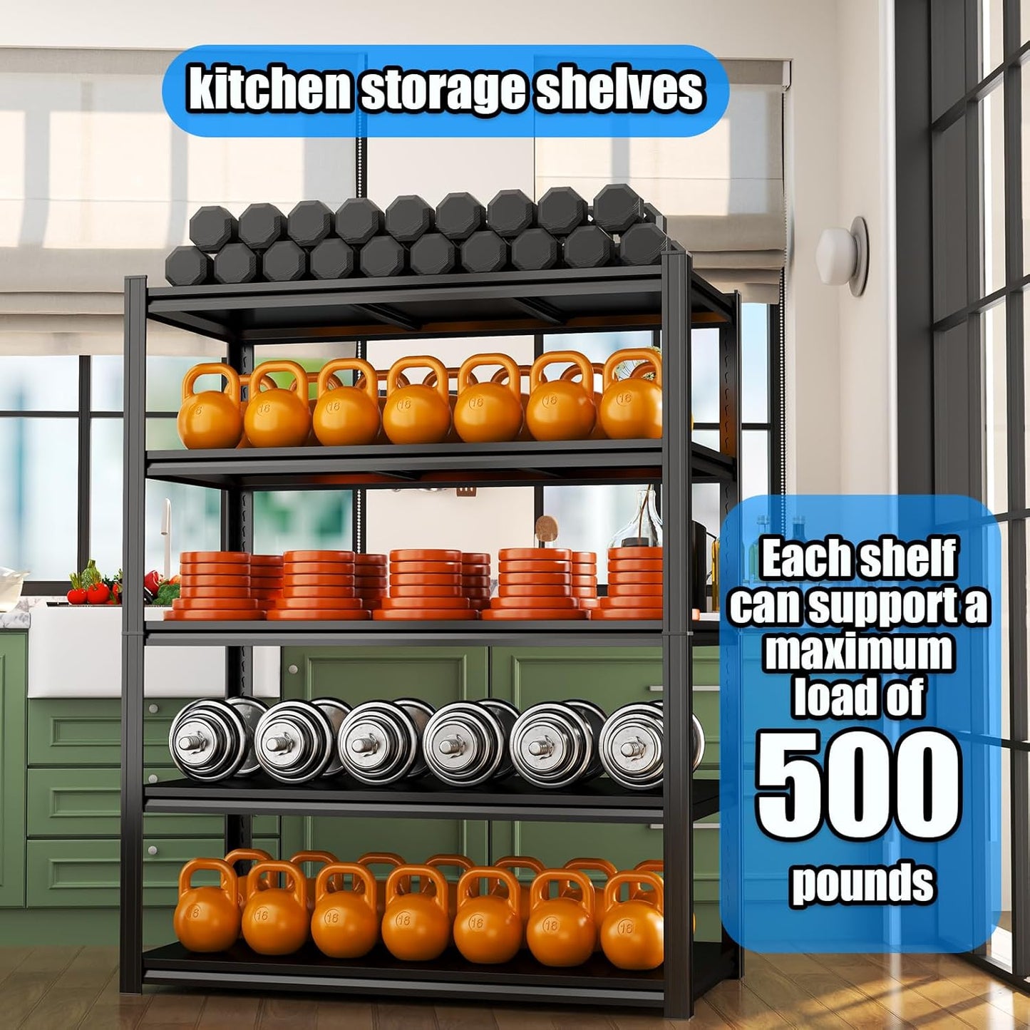 Kitchen Shelf 5 Tier Storage Shelves Adjustable Garage Shelving Unit 2500LBS Metal Shelving Heavy Duty for Industrial, Warehouse, Basement, Commercial, Black