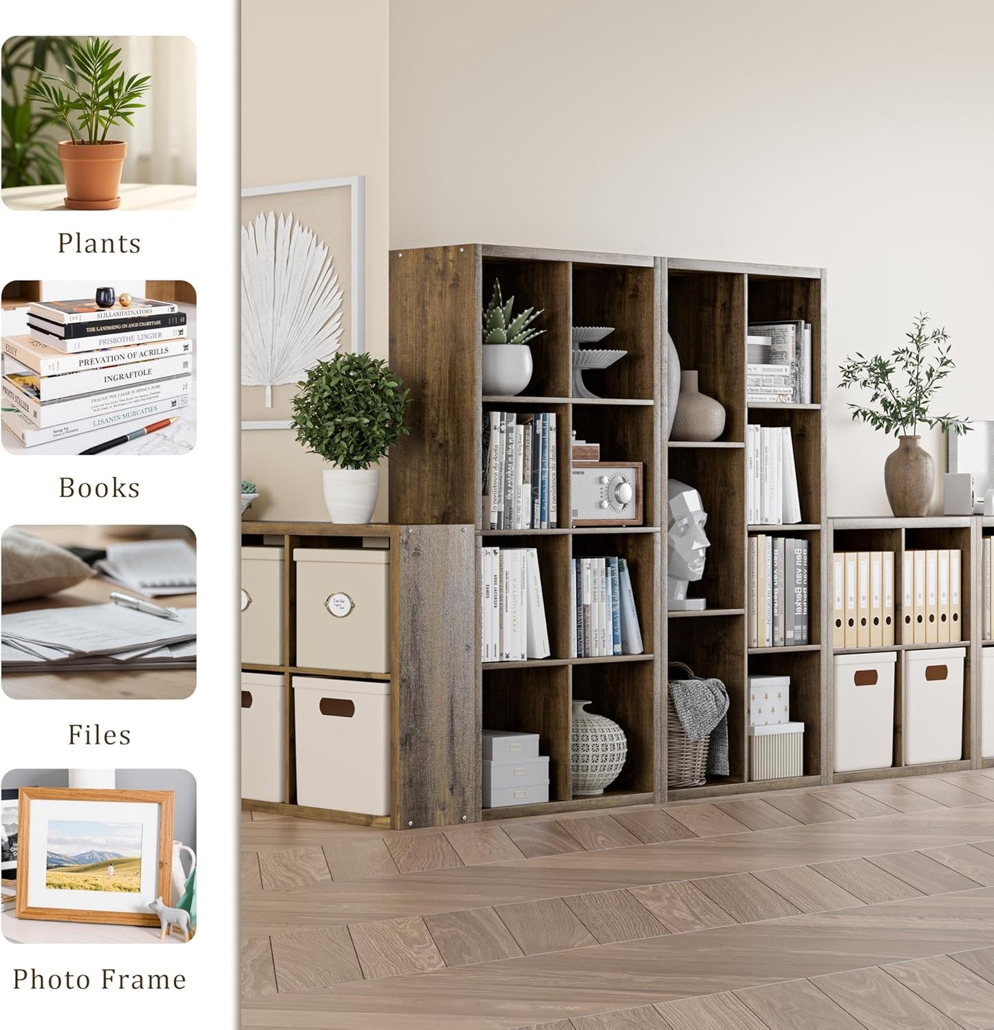 Cube Storage Organizer Bookcase, Decorative 11 inch Open Back Cubical Shelf with Thickened Border, Display Bookshelf for Living Room, Home Office, Sturdy Room (Brown, 7 Cube)