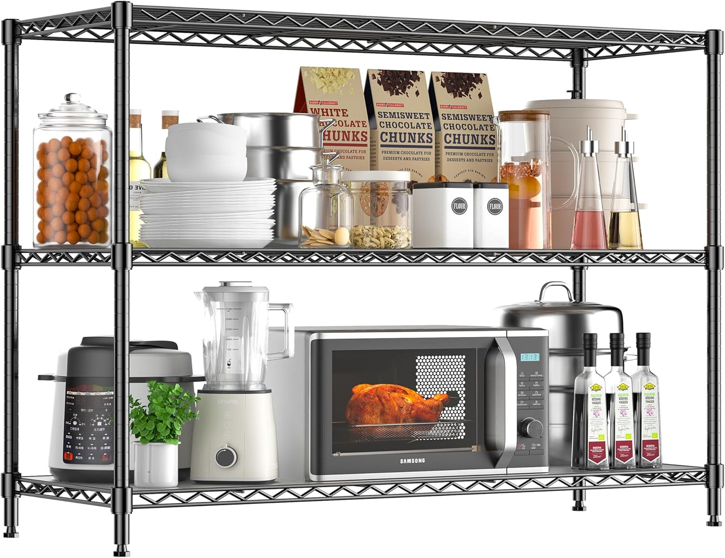 3-Shelf Adjustable Storage Shelves 36" W x 14" D x 36" H Metal Shelving Unit Heavy Duty Wire Rack Small Organizer with 3 Shelf Liners for Kitchen Pantry Bathroom Laundry Closet Garage Black