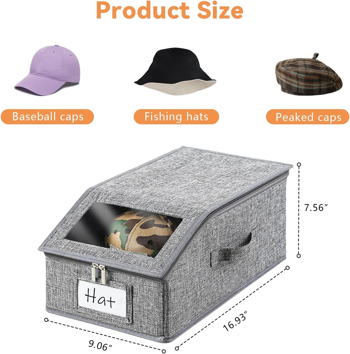 2 Pack Grey Hat Organizer for Baseball Cap, Hat Storage for Closet with Clear Window, Breathable Fabric Hat Box for Snacks, Toys, Socks, Stackable Hat Storage Organizer for Men/Women