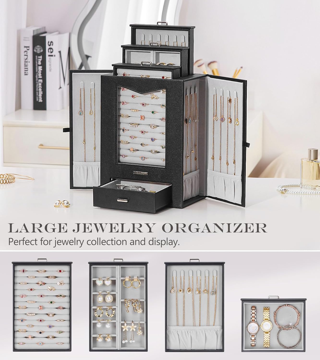 Homde Jewelry Organizer with Transparent Window Necklace Hooks Gift for Women Jewelry Box Display Case for Necklaces Rings Earrings Bracelets and Other Accessories (Black)