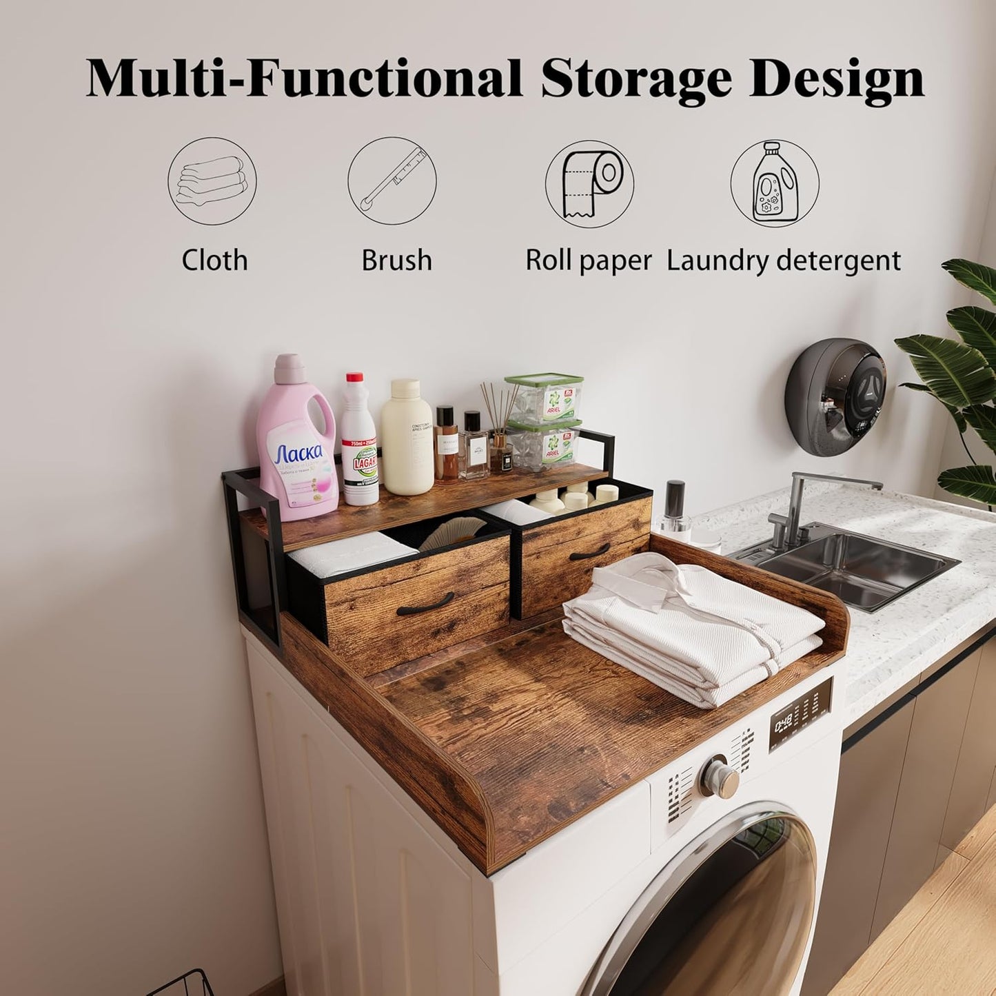 2-Tier Washer Dryer Countertop single with shelf and fabirc drawer,laundry topper with Edge and Non-Slip Pad for Washer Dryer Laundry Hamper Counter Storage Organization (rustic brown, single)