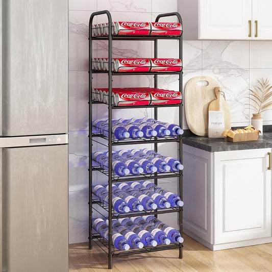 GILLAS 3 5 6 7 8 Tier Water Bottle Storage Rack, Free Standing Vertical Metal,Water Bottle Organizer, Large Capacity Bottled Rack Water Holder Stand for Cabinet Kitchen Party Pantry,Black