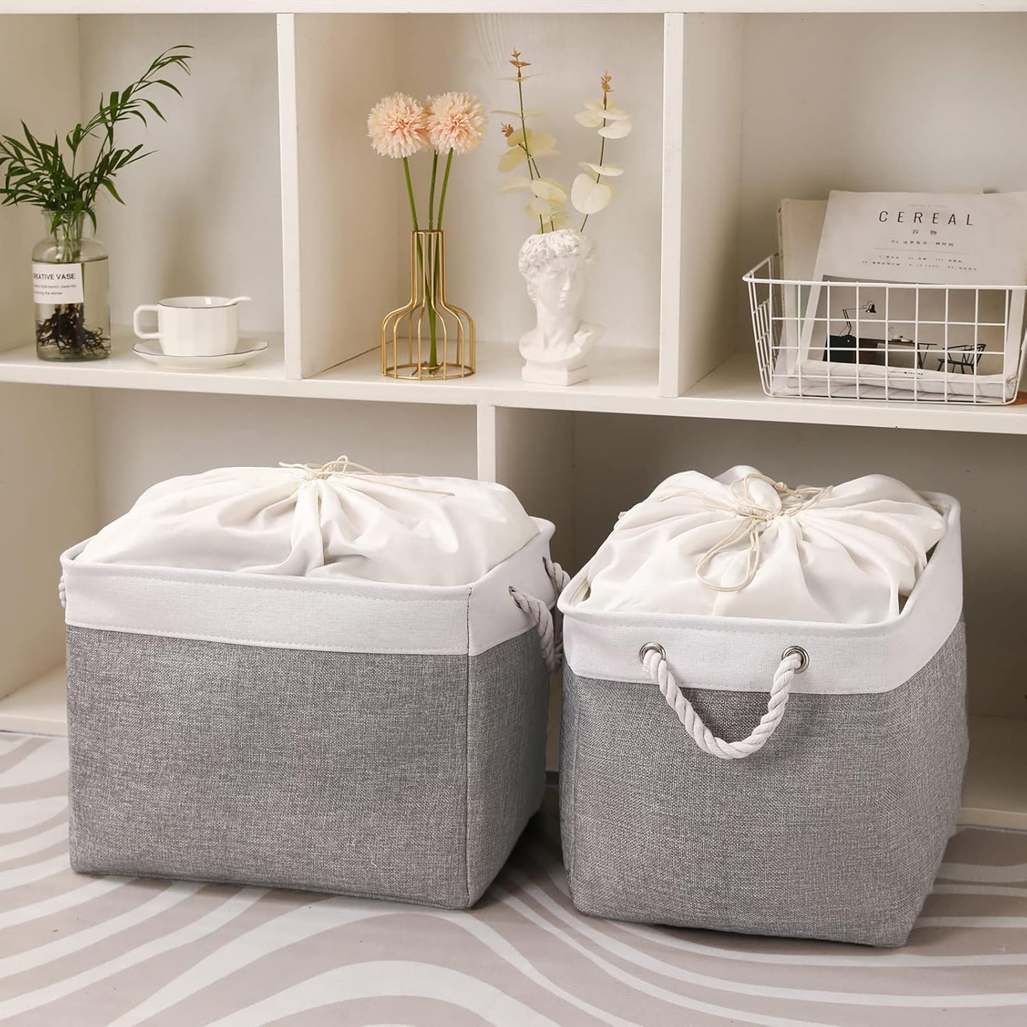combocube 16 x 12 x 12 Inch Fabric Storage Bins for Shelves, Linen Storage Organizer Storage Basket with Ropes for Laundry, Home, Closet, Office, Clothes, Toys Organizer
