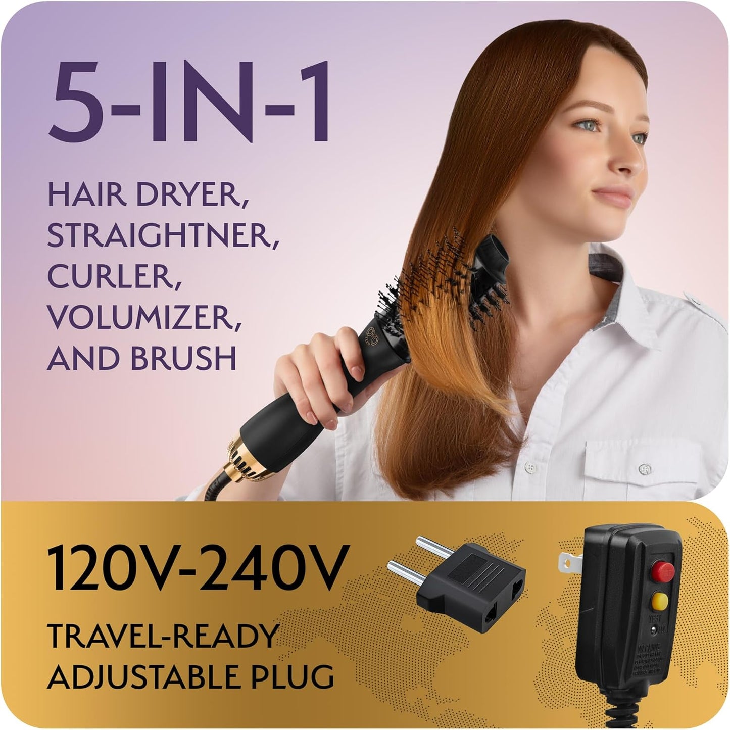 Professional Dual Voltage Blowout Hair Dryer Brush for European Travel 110V-120V/220V-240V, Black Gold Dryer and Volumizer, Hot Air Brush for Women, 2.4 INCHES Oval Shape