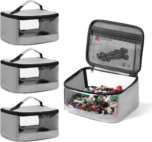 4 PCS Toy Storage Bags, Transparent PVC Toy Organizer Bag with Manual Pocket for Classic Building Bricks, Puzzles,Toy Cars, Large Size, Grey