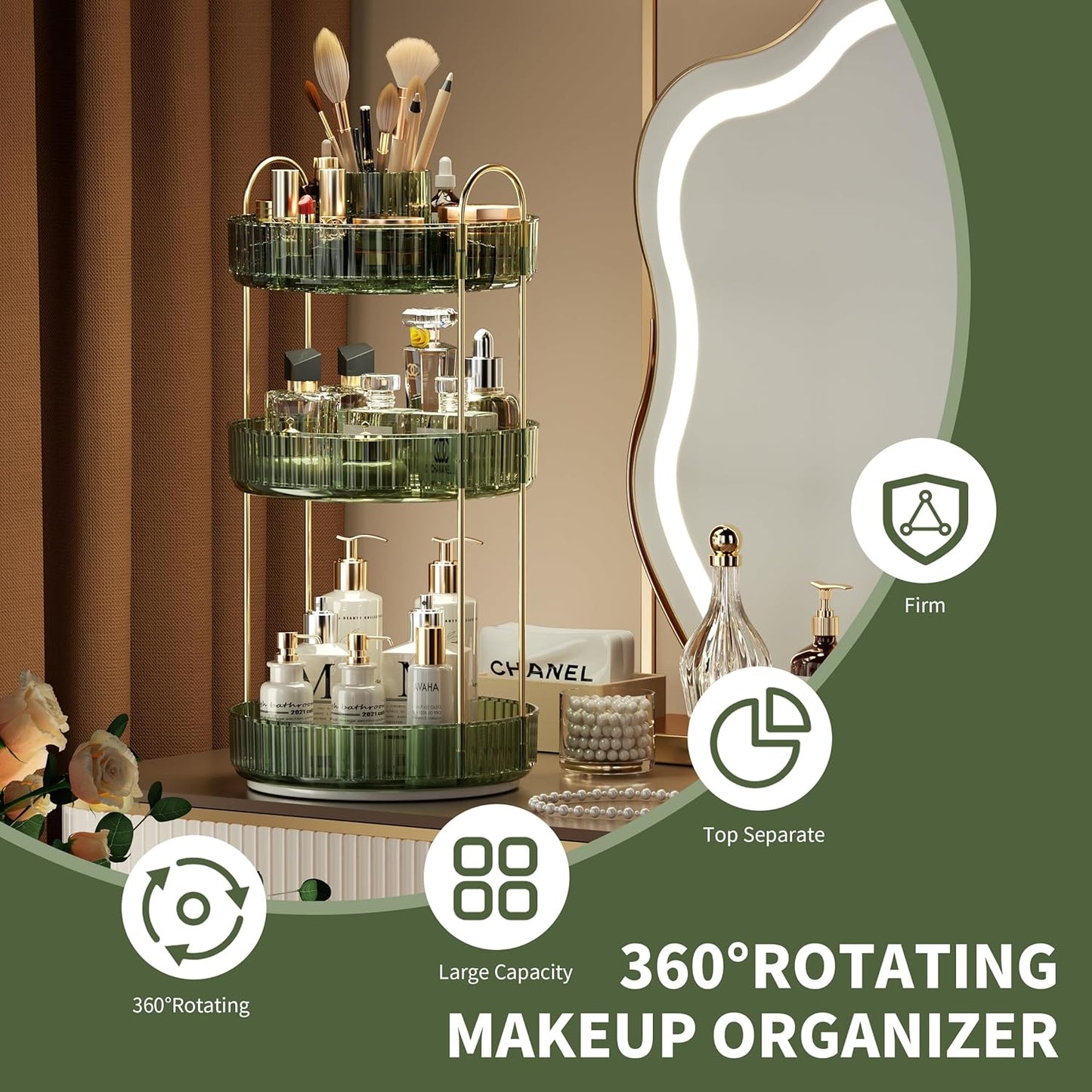 YCIA&DONE Rotating Makeup Organizer for Vanity, Large Capacity Make Up Storage Skin Care Shelf Perfume Holders Cosmetic Dresser Organizer Countertop Spinning 360 (Vintage Green, 3Tiers)