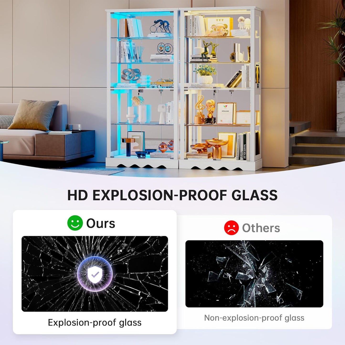Glass Display Cabinet with RGB Light, 5-Tier Curio Cabinet for Collectibles, Display Case with Removable Shelves, Human Sensor Design, White