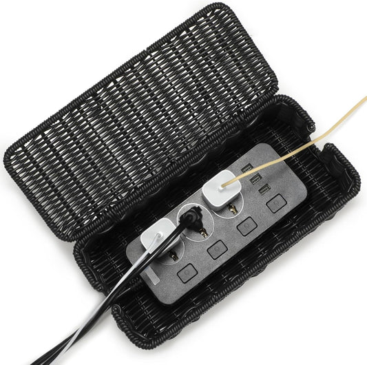 Delamu Handmade Rattan Small Cable Management Box, Cord Organizer with 2 Open Slots, Desk Cord Hider Box for Computer Router USB Hub Power Strip, 12.5" Lx 5.1" Wx 5.1" H, Black
