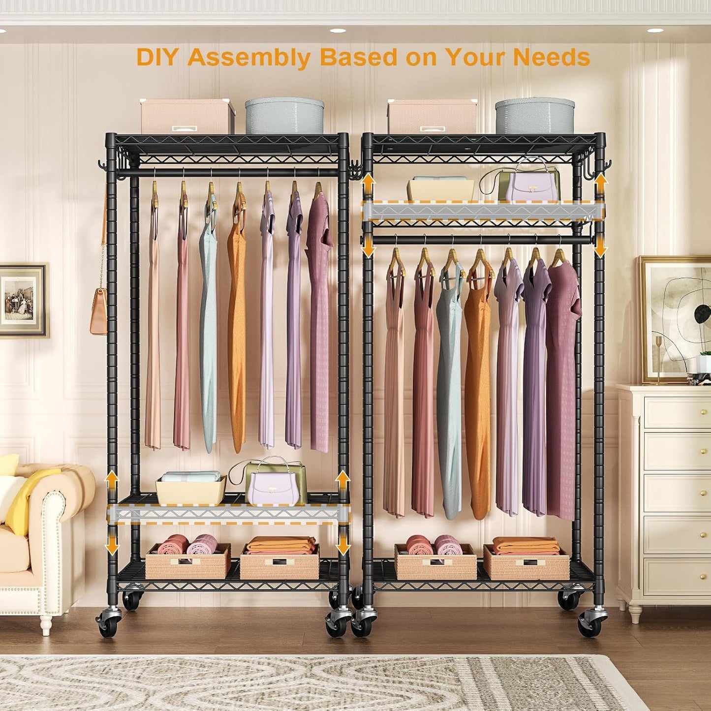 FUTASSI P6 Medium Rolling Clothes Rack Heavy Duty, Clothing Racks for Hanging Clothes, Freestanding Garment Rack with Wheels, Portable Closet Rack Max Load 370 LBS, 30''W x 14''D x 77.6''H, Black