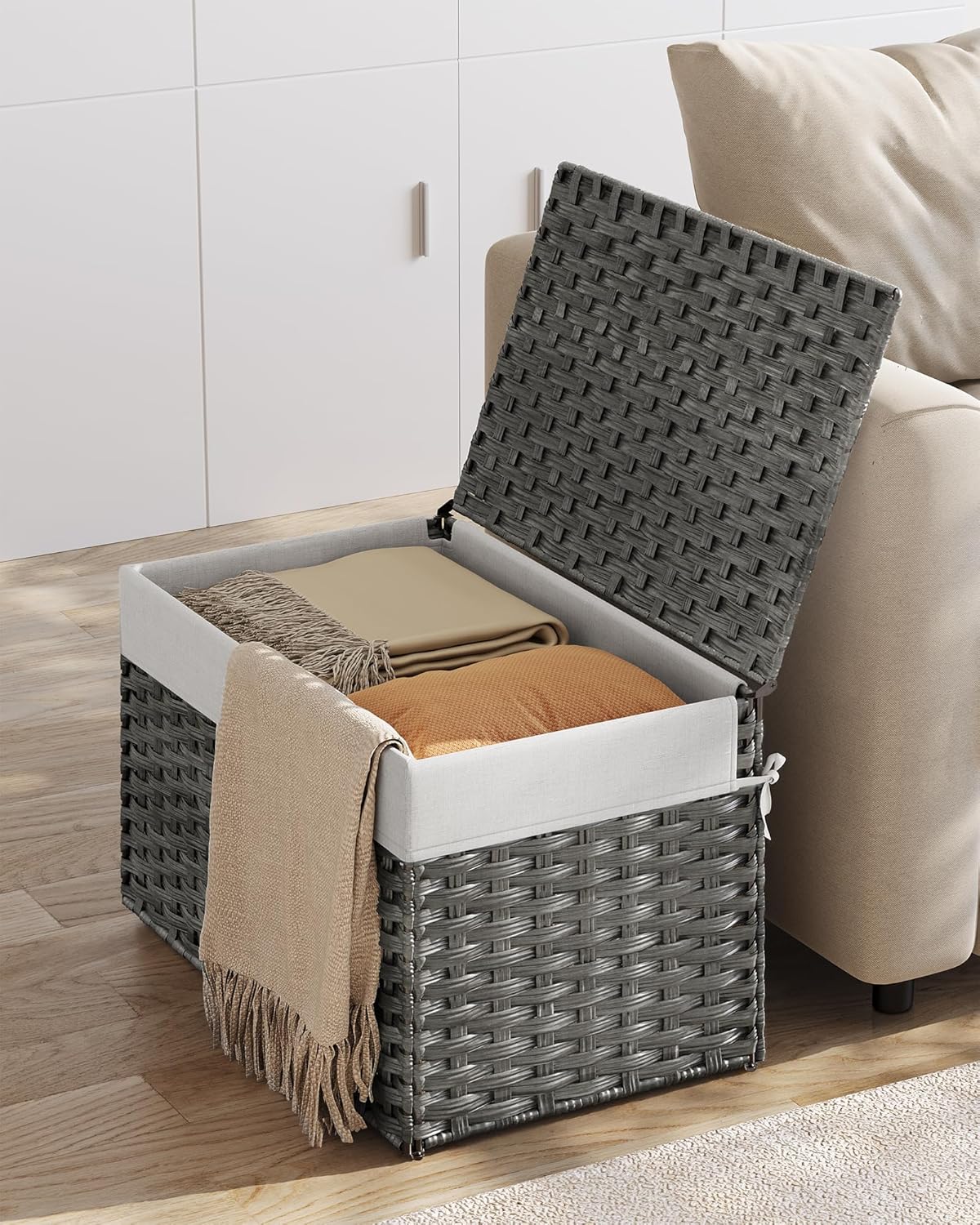 SONGMICS Storage Basket with Lid, Woven Blanket Storage Bin with Handles, Foldable, Removable Liner, Metal Frame, for Bedroom, Laundry Room, 27.7 Gallons (105 L), Gray URST066G01