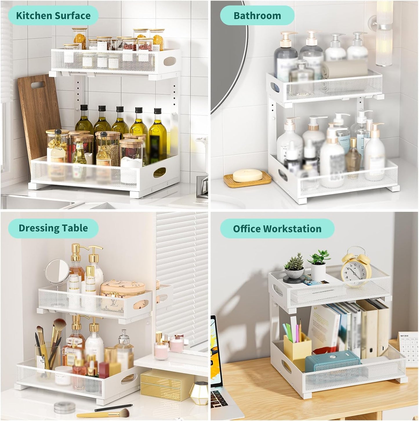 Under Sink Organizer, Extra-Wide Upgrade, 2 Pack 2 Tier Metal Slide Out Cabinet Organizer, Height Adjustable Organization and Storage Series, Bathroom/Cabinet/Kitchen organization, White