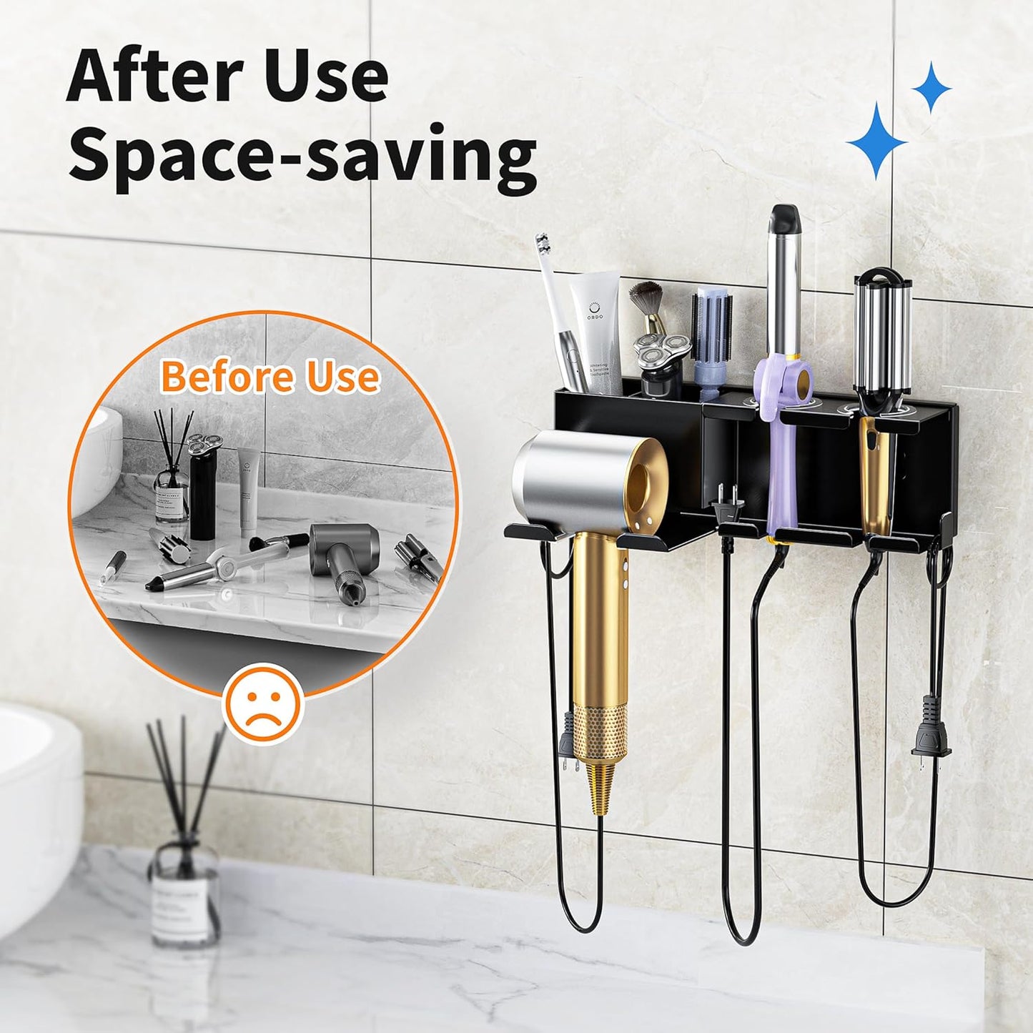 Hair Dryer Holder, Hair Tool Organizer, Blow Dryer Hanger Wall Mount for Dryer Hook, Bathroom Space-Saving Blow Dryer Organizer, Curling Irons Storage Wall Mounted