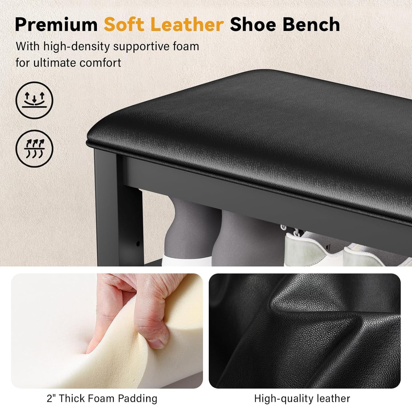 Shoe Rack Bench Entryway Storage with Leather Cushion, Shoe Organizer Bench for Entryway, Ideal for Front Doors Entrances Hallway Mudroom Featuring Rubberwood And 3 Height-Adjustable Removable Shelve