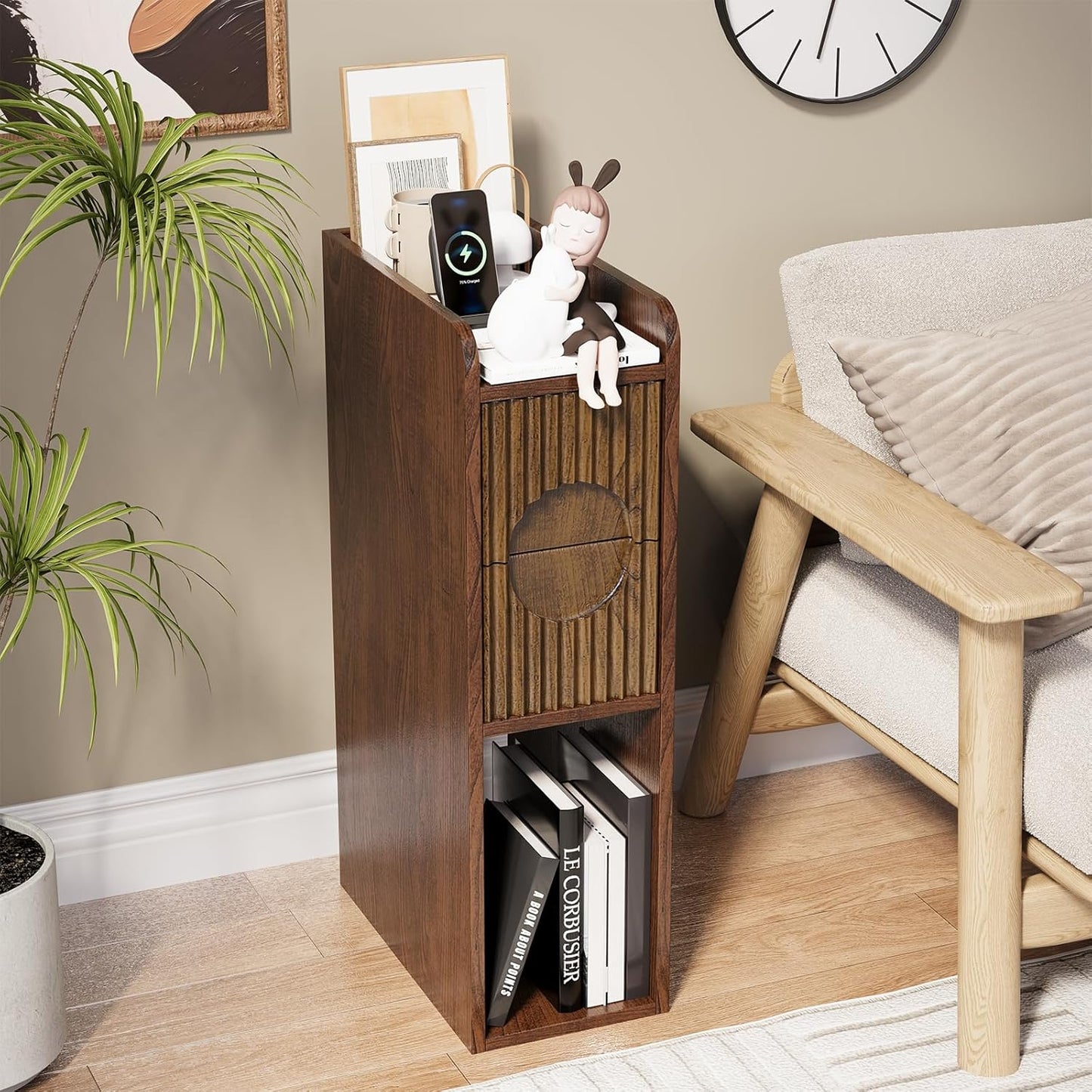 Slim Bedside Table Set of 2, Narrow Nightstand with Drawers, Fluted Wood Nightstand, Mid Century Modern End Table, Skinny Tall Nightstand, for Bedroom Walnut