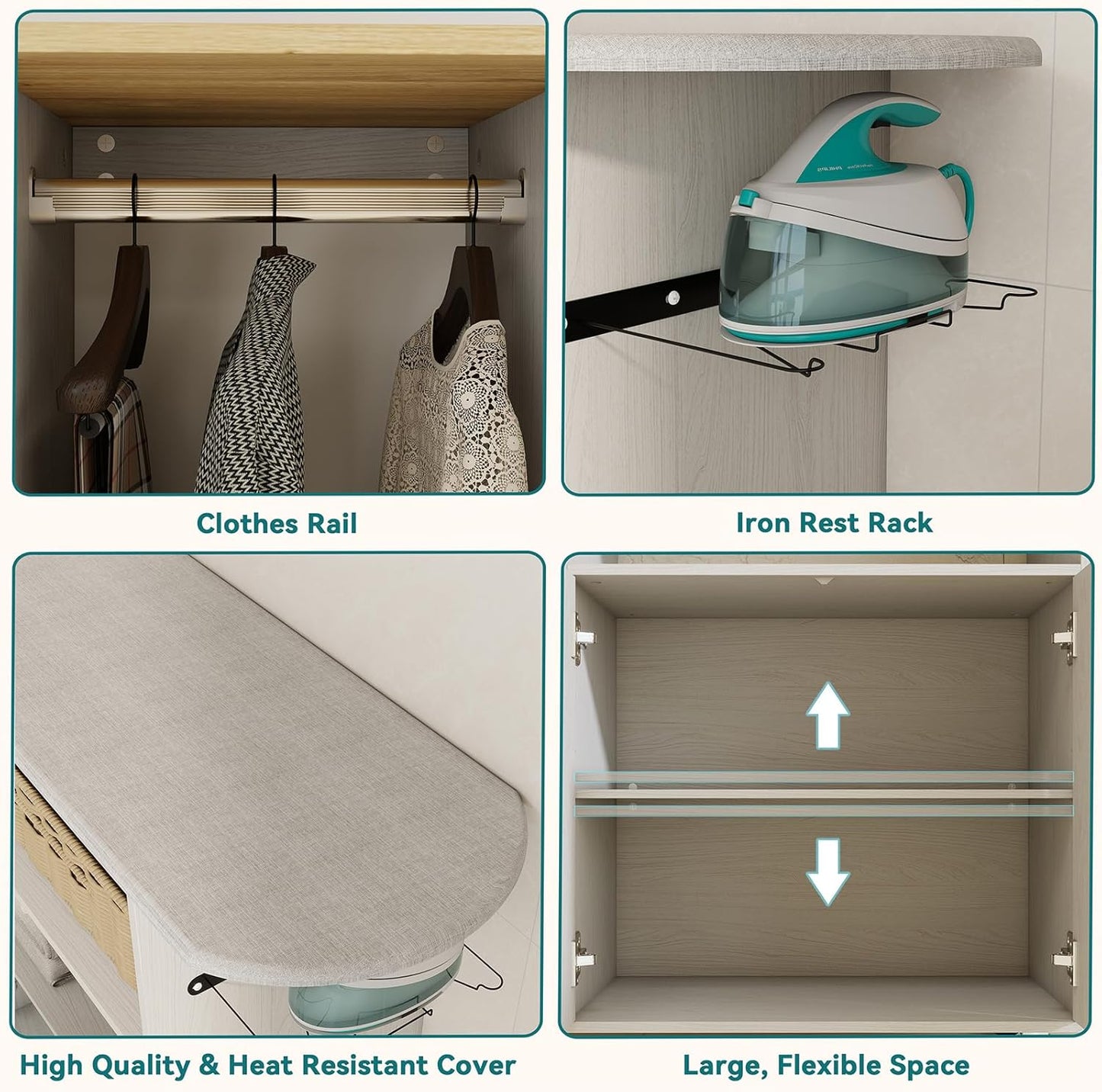 Multipurpose Rolling Ironing Board with Storage Cabinet, Wooden Ironing Cabinet with Wheels, Ironing Table with Heat-Resistant Sponge