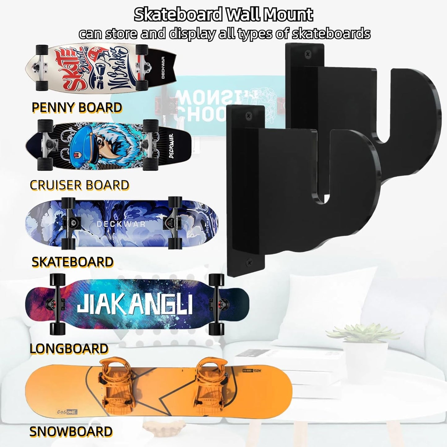 BiJun Skateboard Wall Mount, Snowboard Wall Mount Display, Acrylic Horizontal Skateboards Rack, Skateboard Storage Hanger (Transparent)