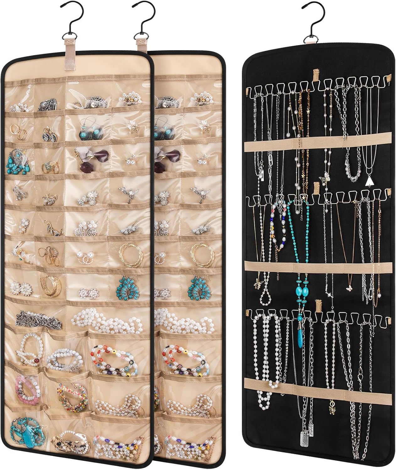 3 Pack Hanging Jewelry Organizer Storage with 39 Pockets, 30 Necklace Hooks Double Sided Wall Mount Earring Holder Organizer Bracelet Necklace Jewelry Display Hanger for Closet Door (Black)