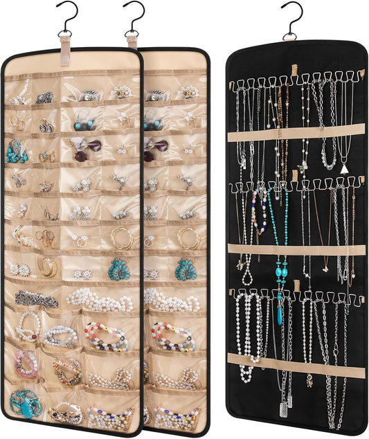 2 Pack Hanging Jewelry Organizer Storage with 39 Pockets, 30 Necklace Hooks Double Sided Wall Mount Earring Holder Organizer Bracelet Necklace Jewelry Display Hanger for Closet Door(Black)