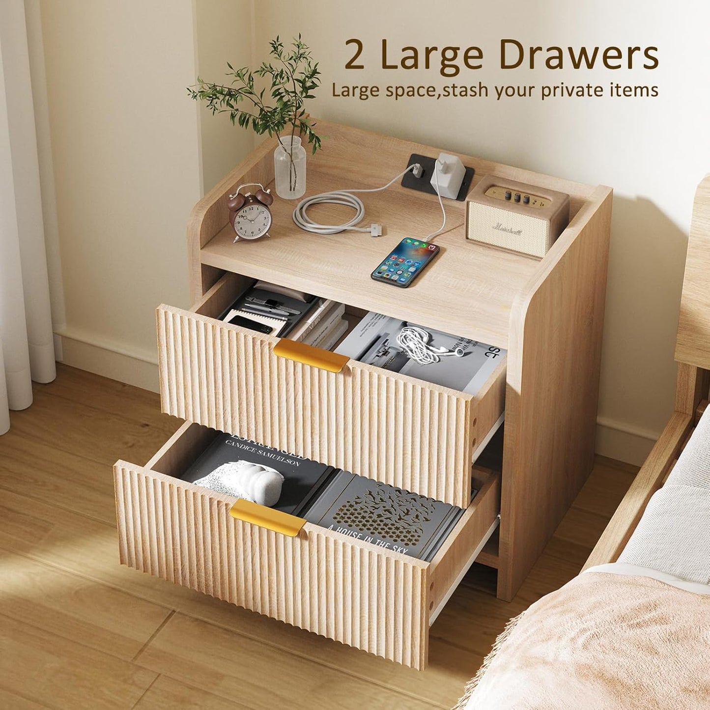 Fluted Nightstand Set of 2, 23.6" Night Stand with Charging Station,Modern Side Table with 2 Drawers,Bedside Table for Bedroom,Living Room,Natural Oak