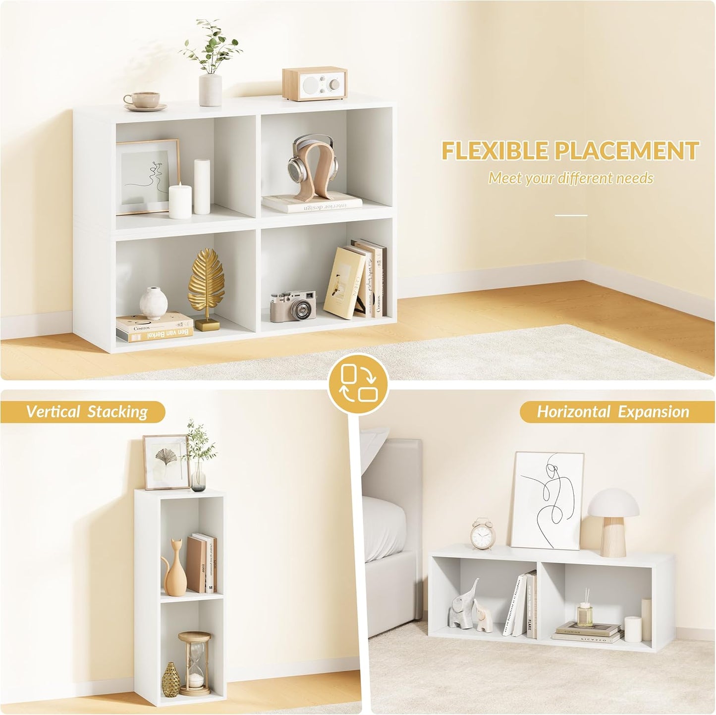 IOTXY DIY Modular Cube Bookcase - CubeXY Customizable Stackable Expandable Basic Shelving Units, 2-Cube Wooden Open Bookshelf for Miscellaneous Storage Organizer, White