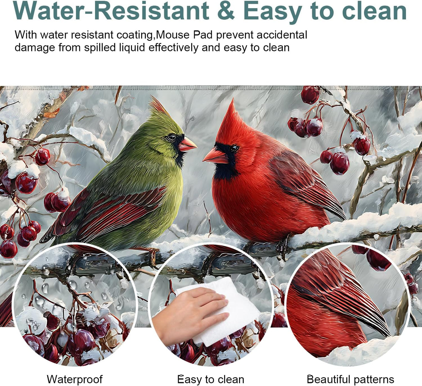 Winter Cardinal Bird Gaming Mouse Pad 35.4"x15.7"Desk Mat Anti-Slip Rubber Base & Durable Stitched Edges for Gamers Smooth Mouse Writing Surface for Desk Office/Home